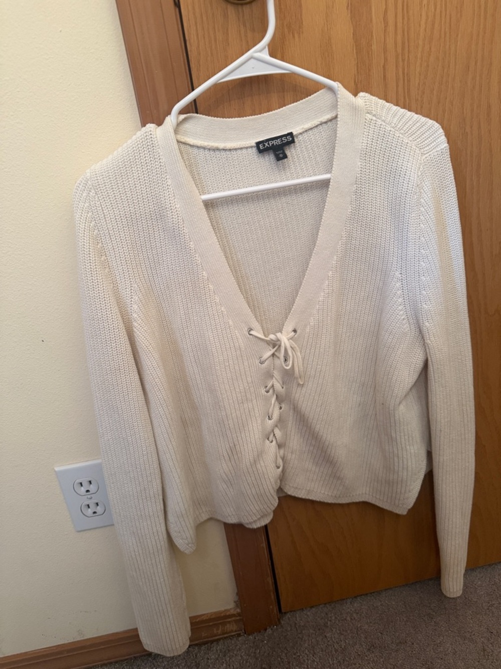Express Cream Lace-Up V-Neck Knit Sweater